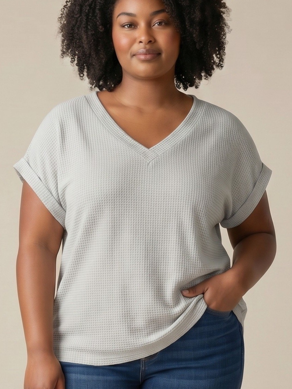 Andree By Unit V-Neck Waffle Knit Short Sleeve Top - Light Gray